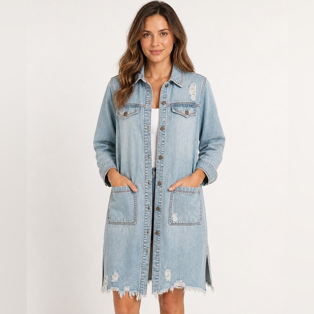 Light Wash Denim Shacket Dress with Distressed Hem